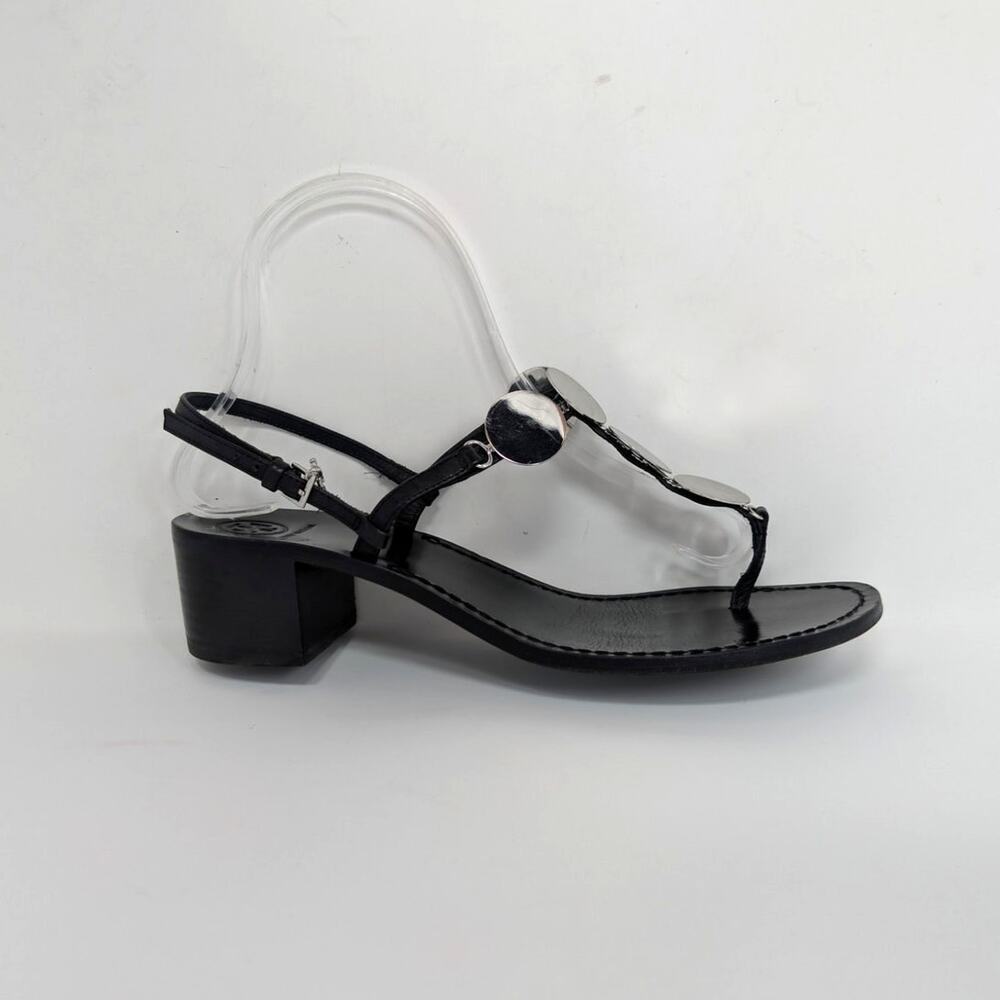 Tory Burch Black Leather Summer Sandals Silver Disc Heels Size 9 - Picture 11 of 16